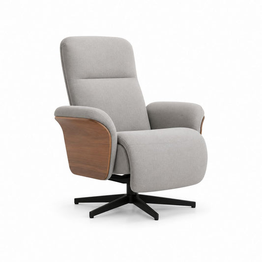 Fauteuil inclinable pivotant gris clair en polyester avec dossier haut et base en acier noir, 76 × 88 × 105 cm