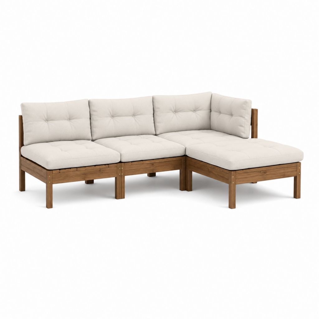 Canapé angulaire modulaire d'extérieur à 3 places, ensemble de 3 pièces en bois massif d'acacia, marron et beige, 224 × 148 × 76 cm