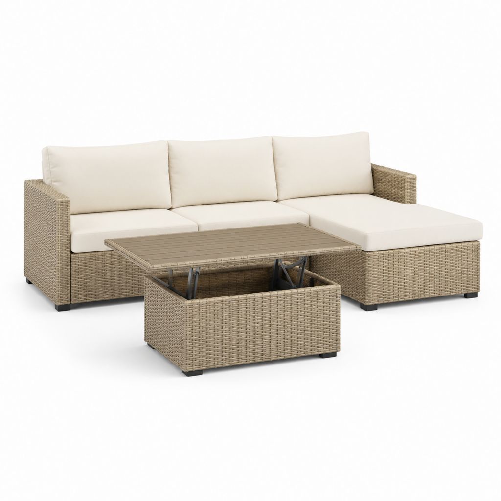 Composition de jardin en résine tressée PE tourterelle avec canapé angulaire à 3 places et péninsule droite 231 × 168 × 74 cm, table basse élévable 100 × 50 × 45-65 cm et coussins crème