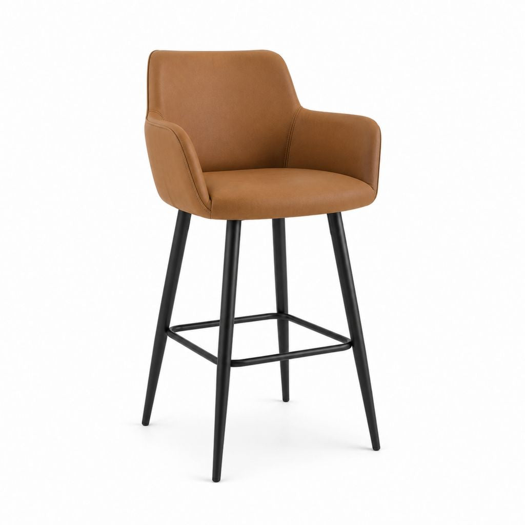 Tabouret de bar en cuir synthétique et métal avec dossier, accoudoirs et repose-pieds, brun cognac et noir, 55 × 57 × 98 cm