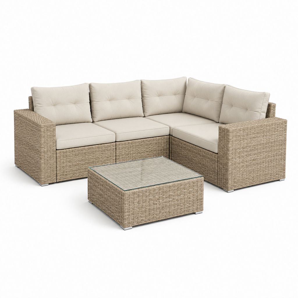 Set salon angulaire d'extérieur à 5 places en rotin synthétique beige avec coussins crème, canapé 205 × 205 × 73 cm et table basse 70 × 70 × 32 cm