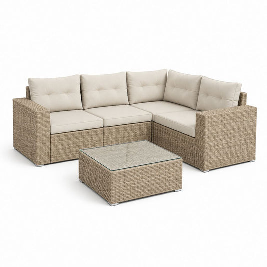 Set salon angulaire d'extérieur à 5 places en rotin synthétique beige avec coussins crème, canapé 205 × 205 × 73 cm et table basse 70 × 70 × 32 cm