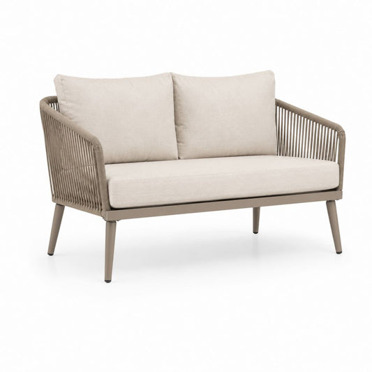 Canapé de jardin à 2 places en acier et corde avec coussins beige et structure tourterelle, 133 × 72 × 76 cm