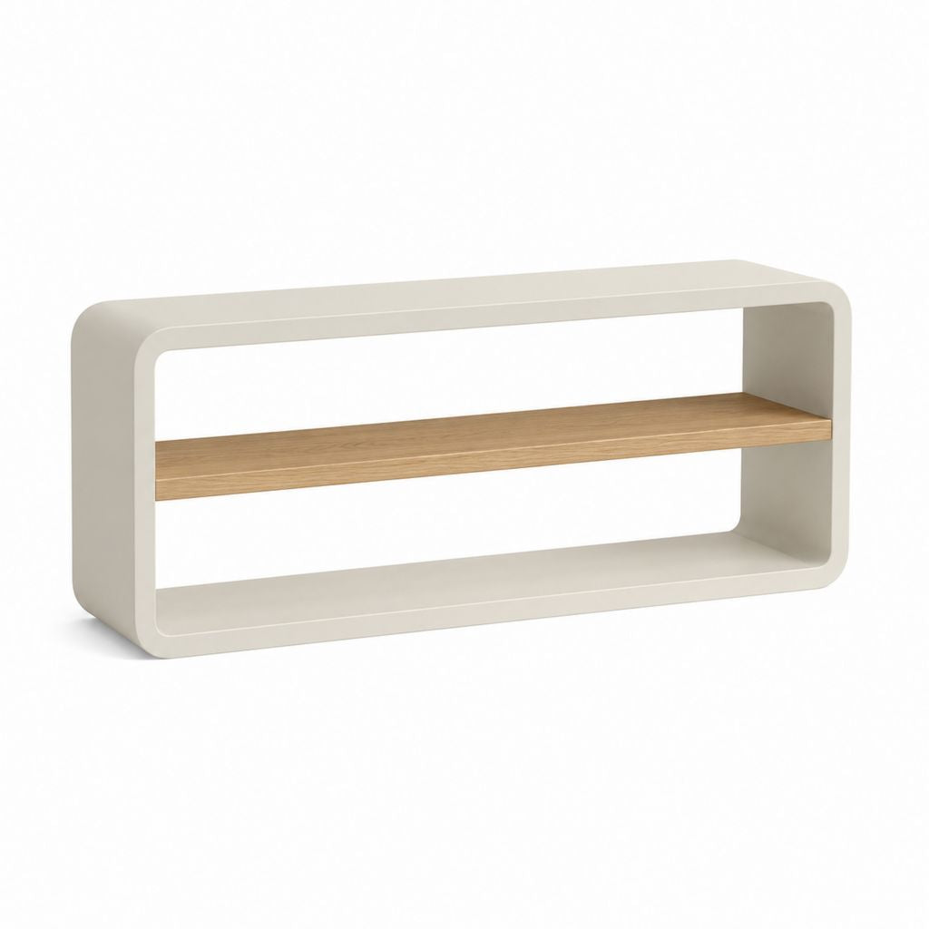 Étagère basse rectangulaire en bois à 2 compartiments, ivoire et chêne naturel, 120 × 30 × 60 cm