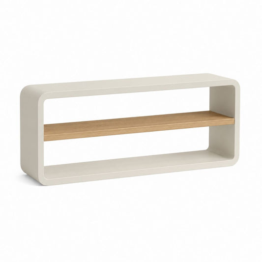 Étagère basse rectangulaire en bois à 2 compartiments, ivoire et chêne naturel, 120 × 30 × 60 cm