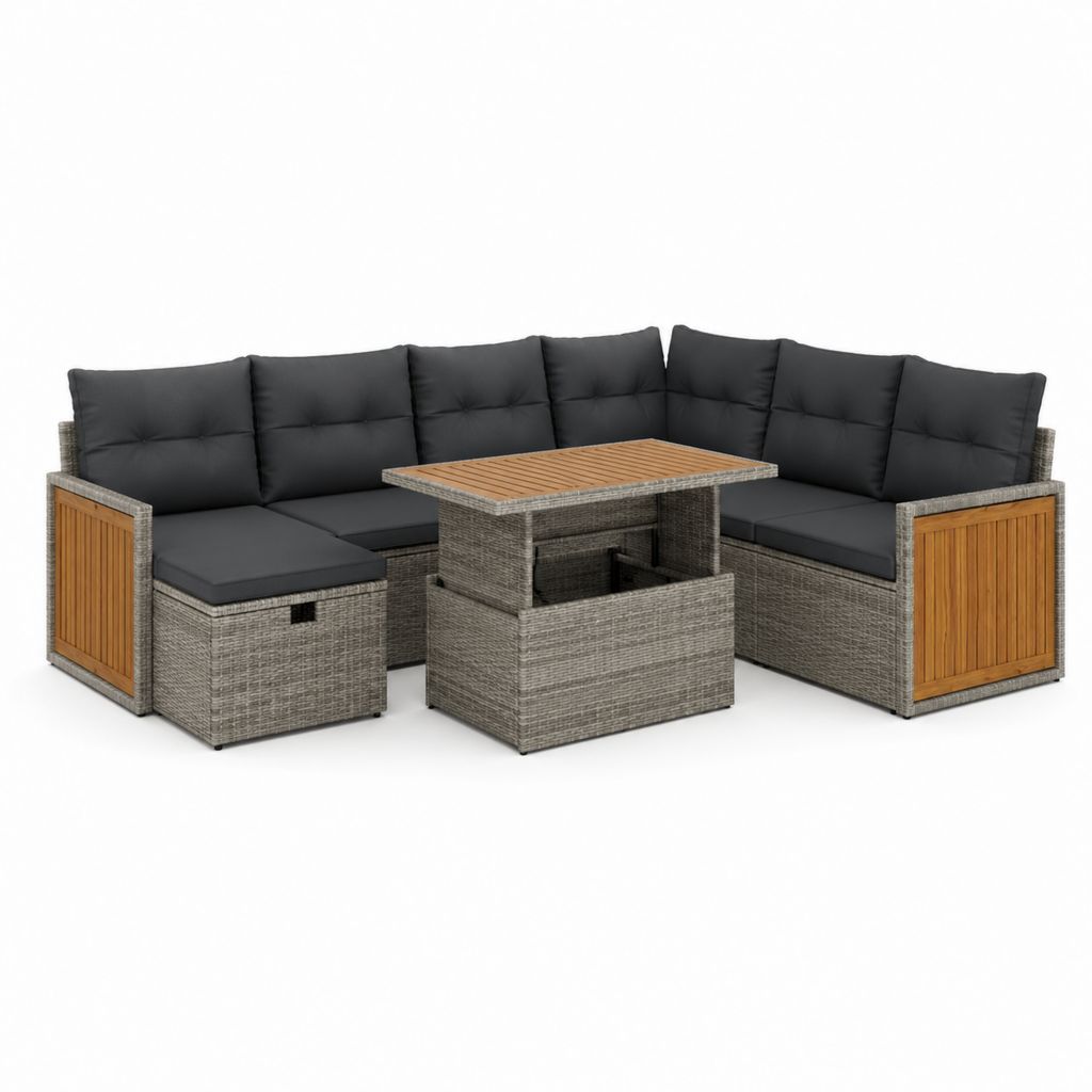 Set salon de jardin angulaire d'extérieur 3 pièces en résine tressée PE, acier et bois, gris, anthracite et naturel, 238 × 238 × 88 cm