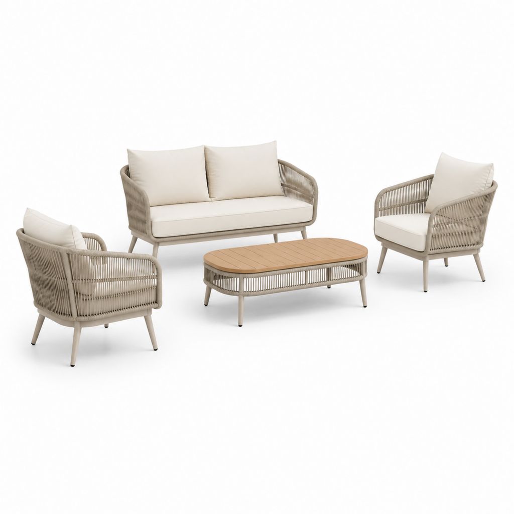 Set salon de jardin pour extérieur 4 pièces en aluminium et corde PE beige avec canapé 174 × 78 × 80 cm, 2 fauteuils 76 × 78 × 80 cm et table basse 110 × 60 × 38 cm