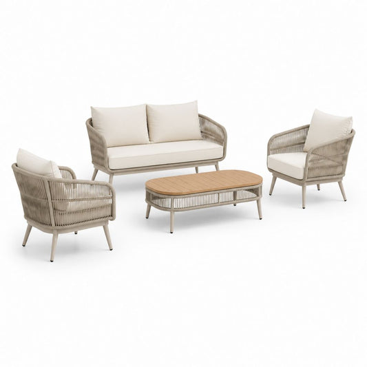 Set salon de jardin pour extérieur 4 pièces en aluminium et corde PE beige avec canapé 174 × 78 × 80 cm, 2 fauteuils 76 × 78 × 80 cm et table basse 110 × 60 × 38 cm
