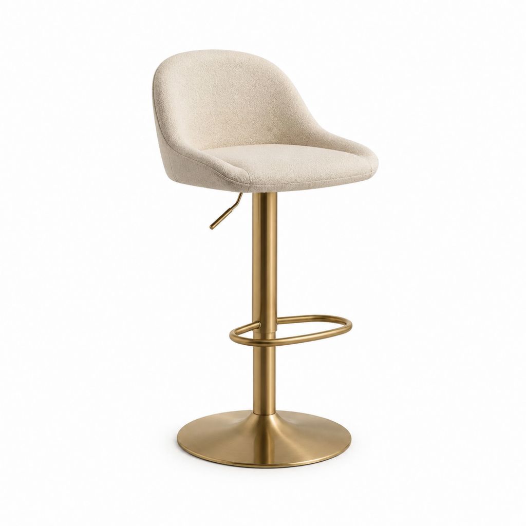 Tabouret de bar pivotant réglable en polyester beige et acier doré, 50 × 52 × 88-108 cm