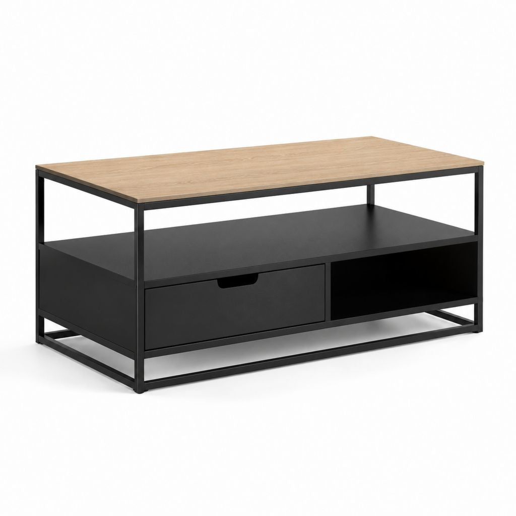 Table basse rectangulaire avec tiroir et porte-objets en maquillage mélaminé et acier noir, effet chêne, 100 × 50 × 55 cm